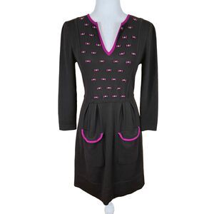 Nanette Lepore Sweater Dress Sz S Brown Merino Wool Pink Bows Studs 3/4 Sleeves